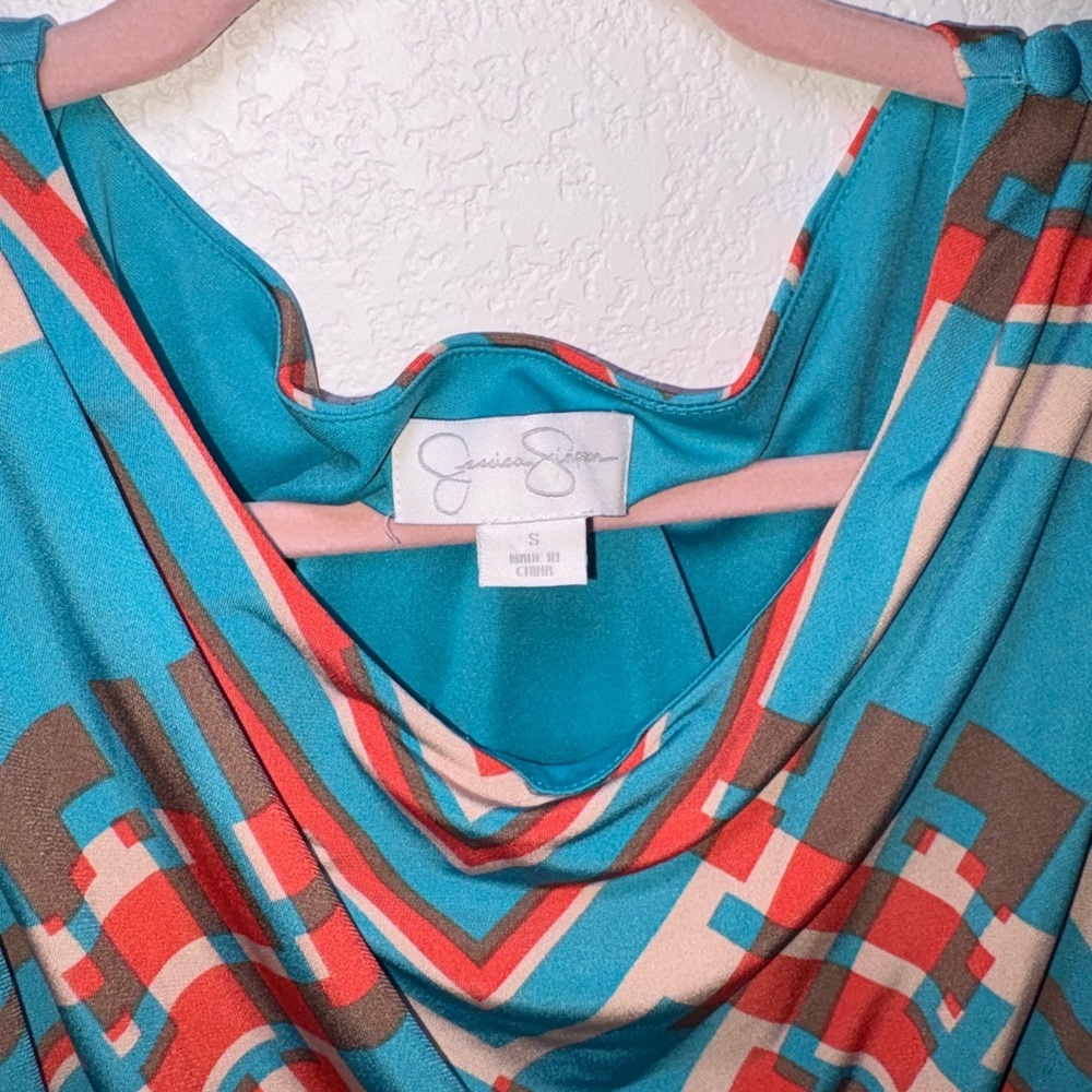 Jessica Simpson Sleeveless Blue Geometric Print Dress with Tie Waist - Picture 2 of 3
